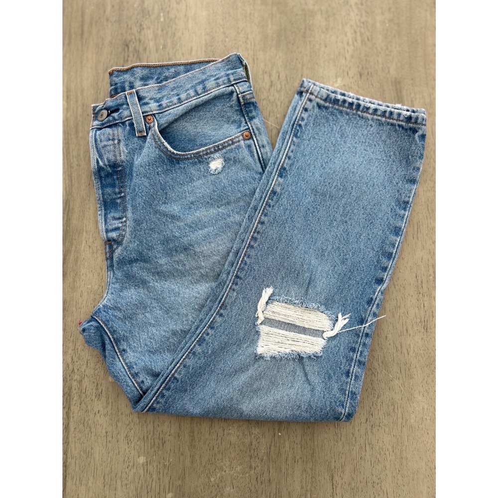 Levis 501 Original Fit Distressed Straight Leg Jeans Medium Wash Blue Denim